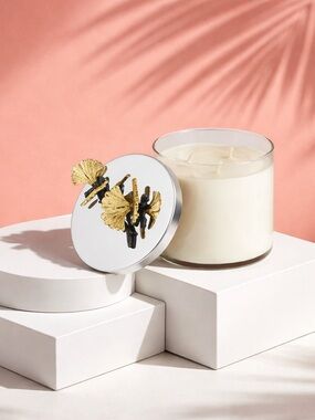 Michael Aram Decorative Three-Wick Glass Candle with Gold Floral Lid